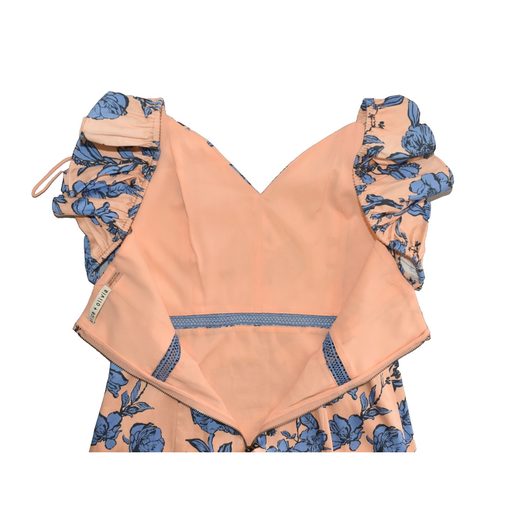 A8 Auth ALICE + OLIVIA Salmon Pink Blue Floral Jade Ruffle-Strap Midi Dress Sz 2 - Picture 5 of 7